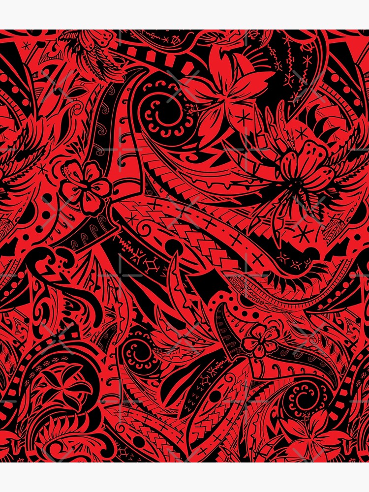Polynesian Tribal Lava Red Leaf And Floral Print by sunnthreads