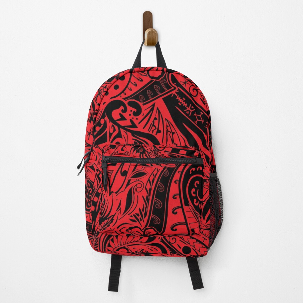 Polynesian Tribal Lava Red Leaf And Floral Print Backpack