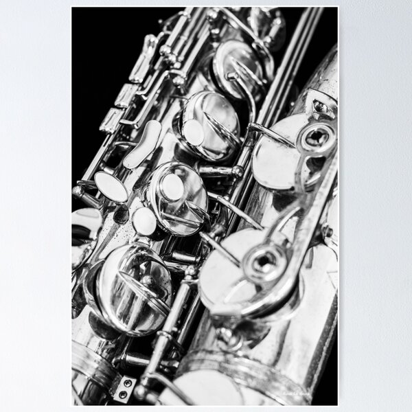 Artikelvorschau, Vintage Jazz Saxophon Nahaufnahme Schwarz und Weiß entworfen und verkauft von Andreea Eva Herczegh.