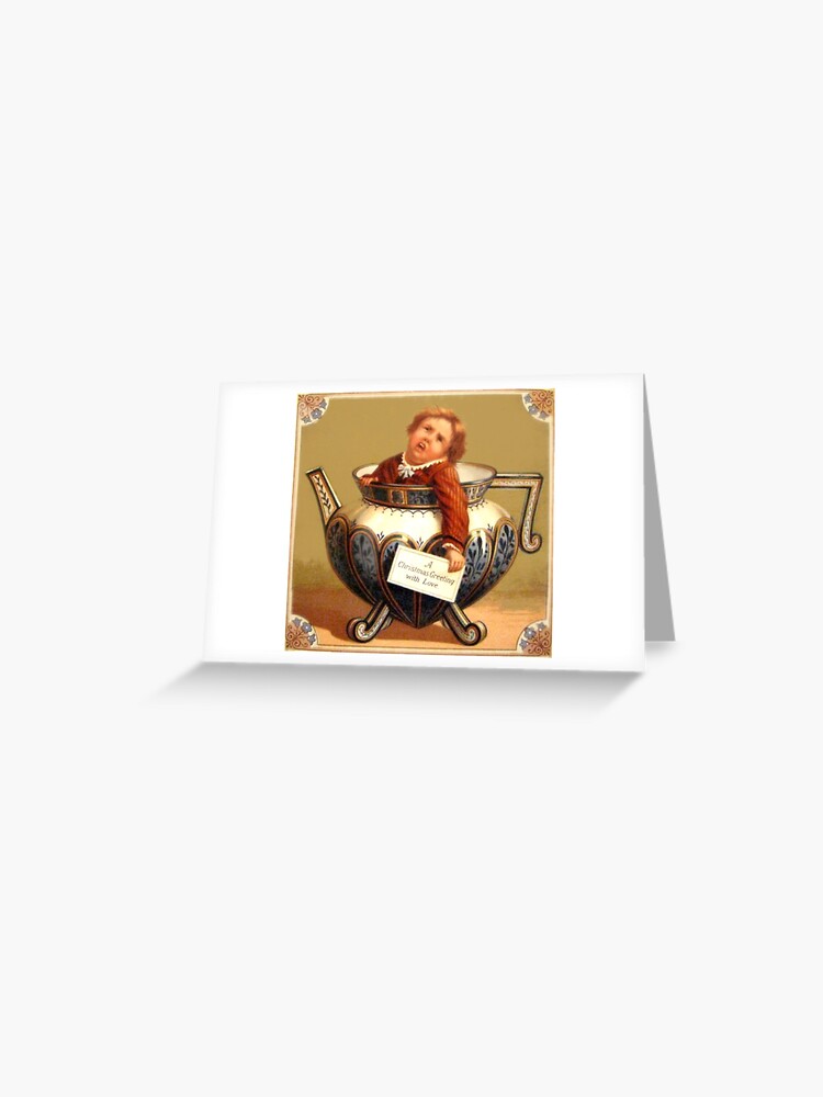 Thumbnail 1 of 2, Greeting Card, Funny Vintage Victorian Christmas Card Boy in Teapot designed and sold by TheWitchsWolf.