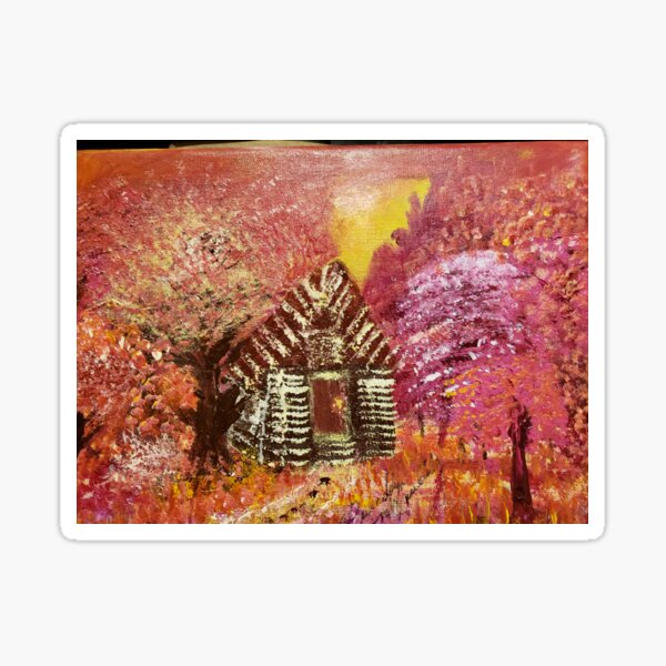 Beautiful Magical Forest and fairy tale look log cabin painting by Gwen Maulltsby Sticker