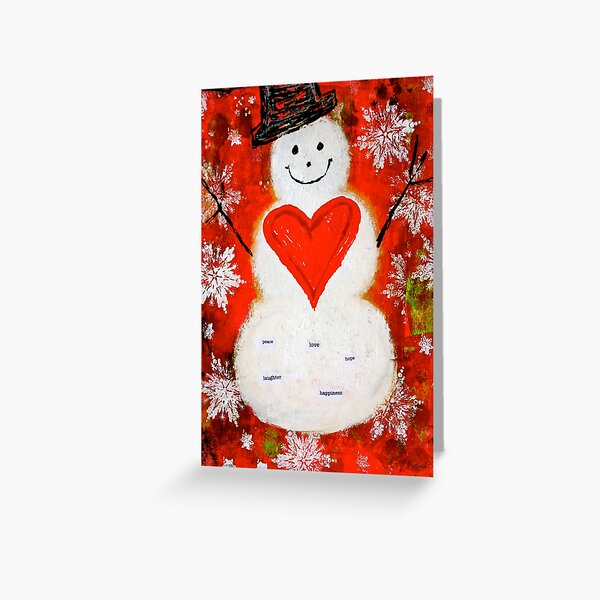 SNOWMAN LOVE, Christmas, Winter, Snowflakes, Red Heart, Peace, Hope, Happy, Cheerful Greeting Card