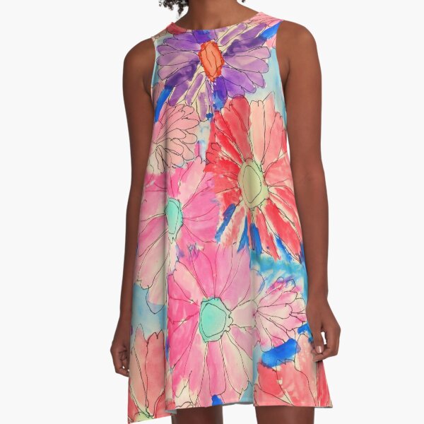 Rainbow Watercolor Flowers A-Line Dress