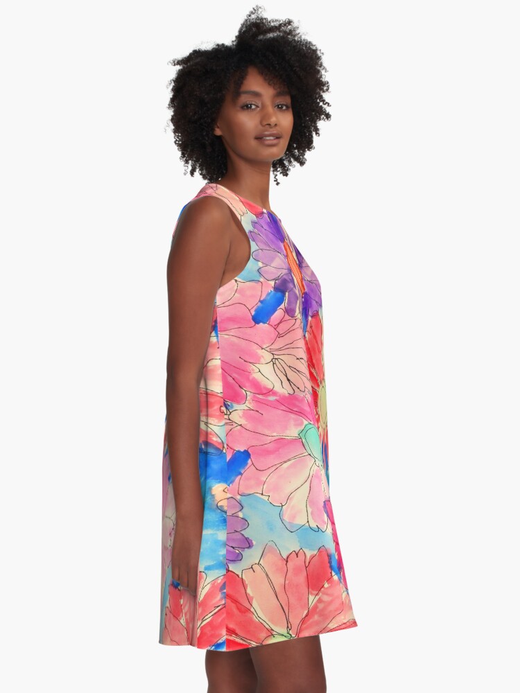 Alternate view of Rainbow Watercolor Flowers A-Line Dress