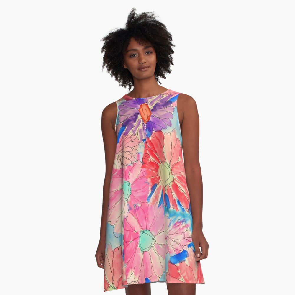 Rainbow Watercolor Flowers A-Line Dress