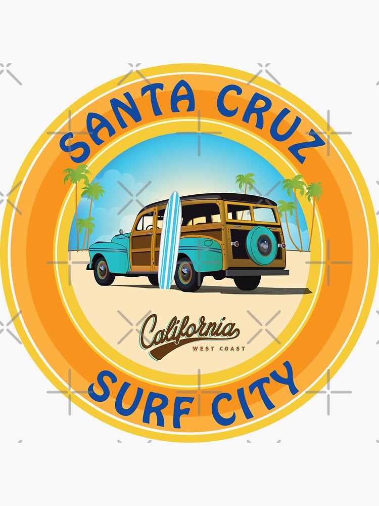 Surf City Santa Cruz Logo with Woodie on the Beach California Dark