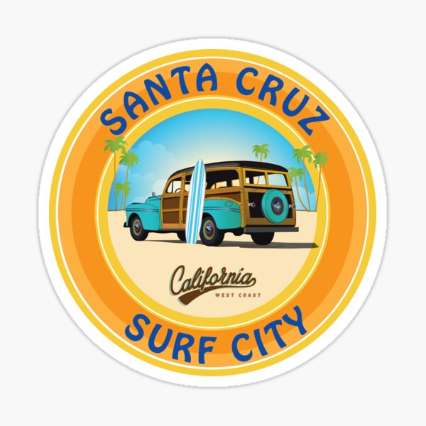 Surf City Santa Cruz Logo with Woodie on the Beach California Dark