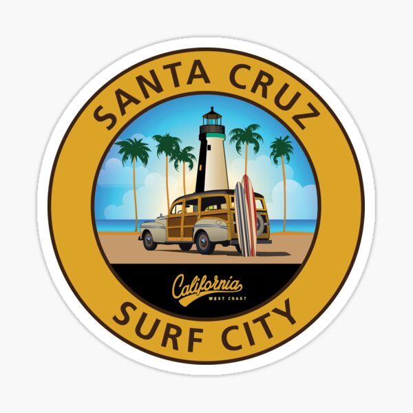"Surf City Santa Cruz Logo Lighthouse with Woodie Sticker Woody