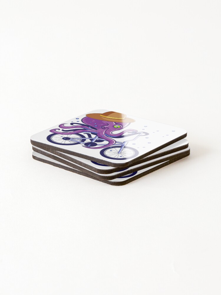 Thumbnail 4 of 5, Coasters (Set of 4), Octopus Riding Bicycle Octopus Cycling designed and sold by BaseStore.
