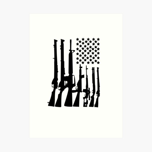Big American Flag With Machine Guns black Art Print