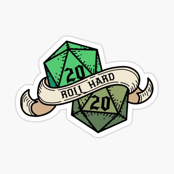 Green tone "Roll Hard" tattoo style DnD dice Sticker
