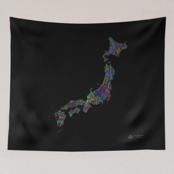 Item preview, Japan River Basin Map in Rainbow Colours with Black Background designed and sold by GrasshopperGeo.