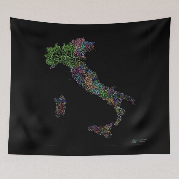 Item preview, Italy River Basin Map in Rainbow Colours with Black Background designed and sold by GrasshopperGeo.