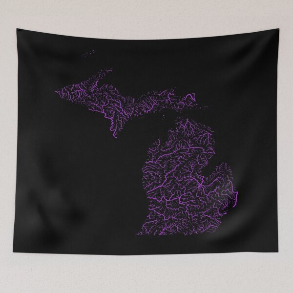 Item preview, Michigan River Basin Map in Rainbow Colours with Black Background designed and sold by GrasshopperGeo.
