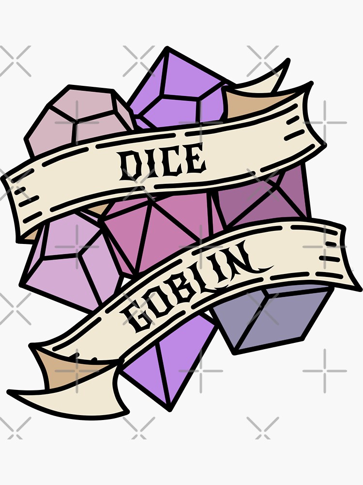 "Purple tone "Dice Goblin" tattoo style DnD dice" Sticker by CritHappensDice Redbubble