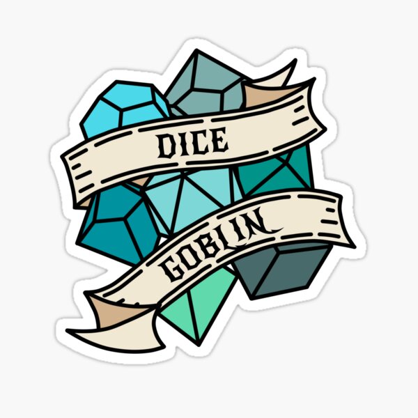 Teal tone "Dice Goblin" tattoo style DnD dice Sticker