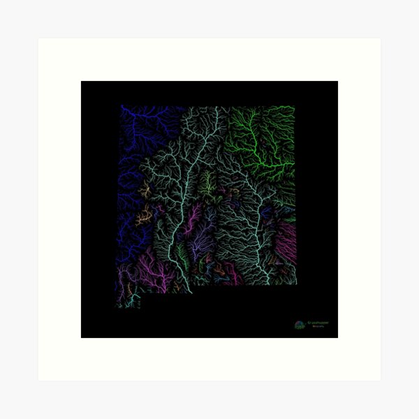Aperçu de l'œuvre Carte du bassin du fleuve Nouveau-Mexique aux couleurs de l'arc-en-ciel avec fond noir créée et vendue par GrasshopperGeo.