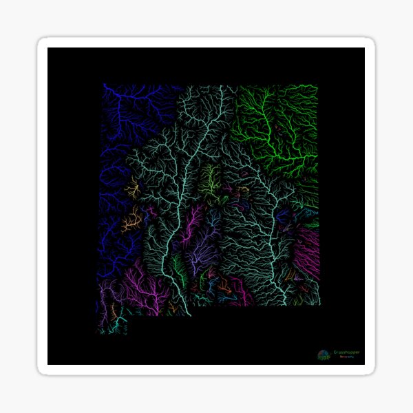 Aperçu de l'œuvre Carte du bassin du fleuve Nouveau-Mexique aux couleurs de l'arc-en-ciel avec fond noir créée et vendue par GrasshopperGeo.