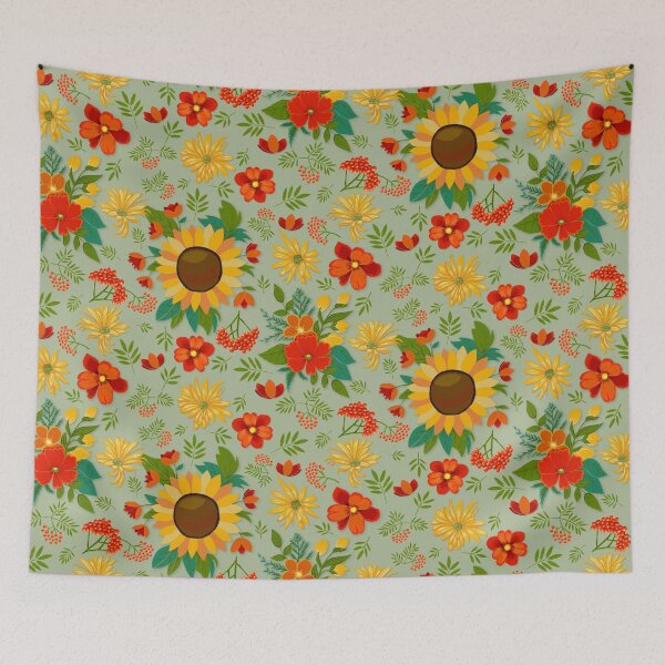 Artikelvorschau, Herbstmuster mit Sonnenblumen und Beeren auf hellgrün entworfen und verkauft von colorofmagic.