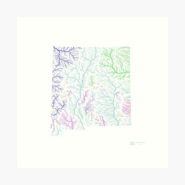 Aperçu de l'œuvre Carte du bassin du fleuve Nouveau-Mexique aux couleurs de l'arc-en-ciel sur fond blanc créée et vendue par GrasshopperGeo.