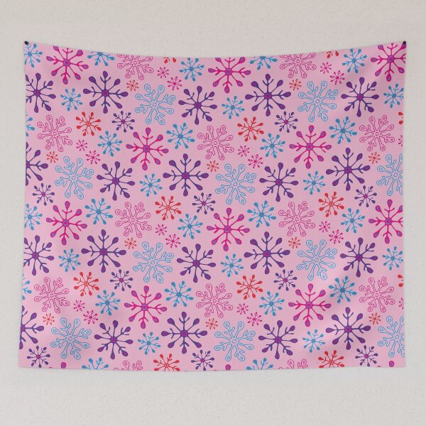 Item preview, SNOWFLAKES CHRISTMAS WINTER HOLIDAYS PATTERN in NON-TRADITIONAL FUSCHIA PURPLE BLUE RED ON PINK - UnBlink Studio by Jackie Tahara designed and sold by Jackie Tahara of UnBlink Studio.