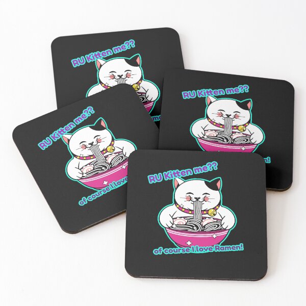 Item preview, RU kitten me, Lucky cat eating ramen noodles, satisfied cat eating favorite food with comic cat pun   designed and sold by allycat57.