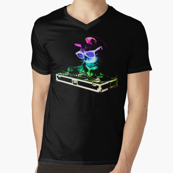 HOUSE CAT (Rainbow DJ Kitty) V-Neck T-Shirt