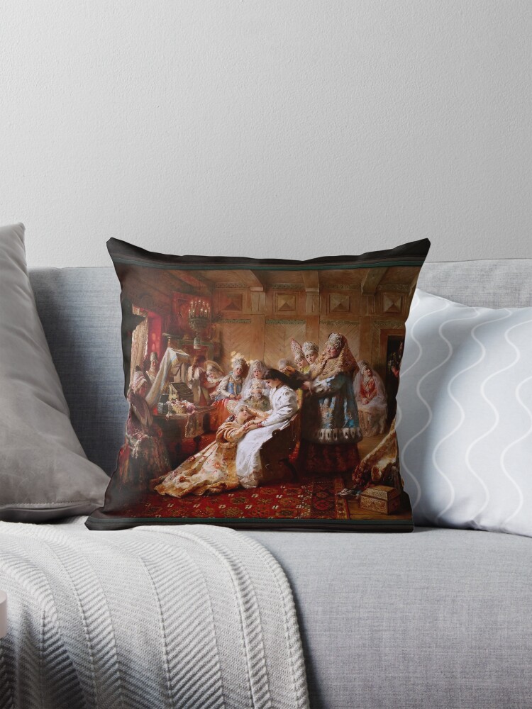 The Russian Brides Attire by Konstantin Makovsky - The Big Day 4 The Russian Brides Attire by Konstantin Makovsky Classical Xzendor7 Old Masters Reproductions Decorative Art Print Throw Pillow