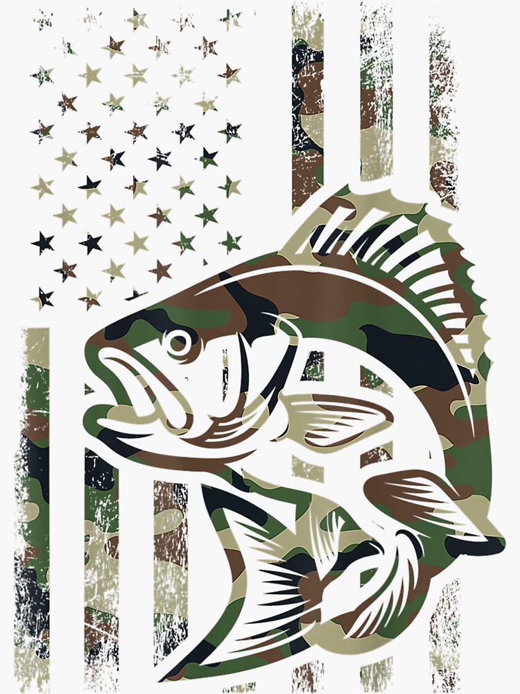 Camo Fishing Shirt Men Boys American Flag Bass Fishing Sticker by Dudlen  Danik - Pixels