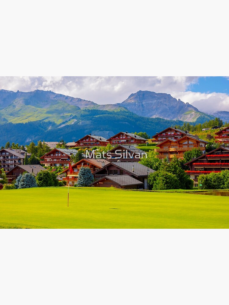 Disover Crans Sur Sierre Golf Course with House and Mountain View Premium Matte Vertical Poster