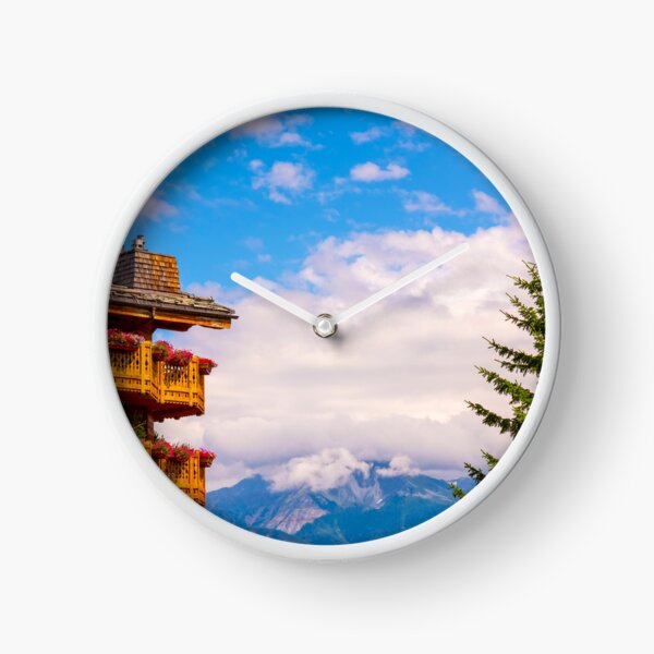Item preview, Wood Building with Balcony and Flower and Sunlight with Mountain in Crans Montana designed and sold by Mats Silvan.