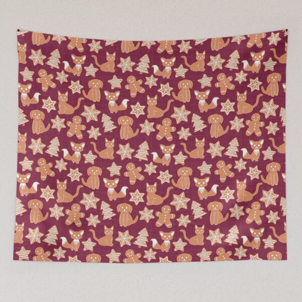 Item preview, Gingerbread Cat Fox Dog Stars Tree Animals Maroon designed and sold by cashewdays.