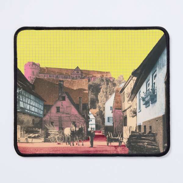 Item preview,  We hike on and turn into Seelhausgasse. Quaint houses surround a view of the castle and show a wonderful variety in this Swabian city.
The design by Mallybeau Mauswohn shows a harmoniously colored collage with a view of Seelhausgasse in Tübingen in 1938 designed and sold by Mauswohn.