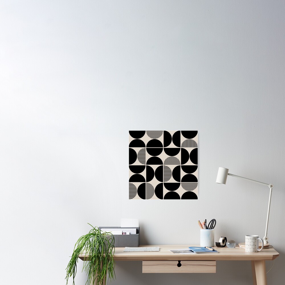 Mid Century Modern Geometric Pattern 637 Black and Linen White Hand & Bath  Towel by Tony Magner Prints