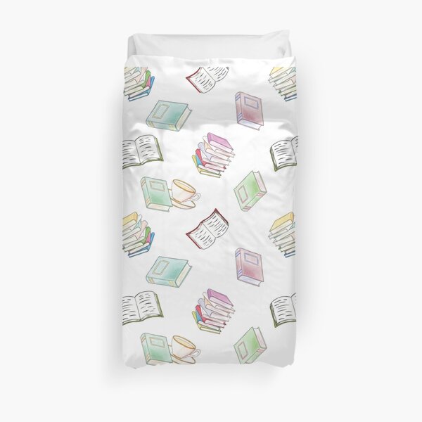 Book Nerd! Watercolor Pattern Illustration of Books & Tea Duvet Cover