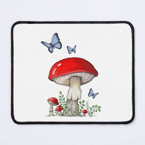Item preview, Bright Red Mushrooms or Toadstools with Blue Butterflies, Botanical Illustration designed and sold by JoyfulWhimsy.