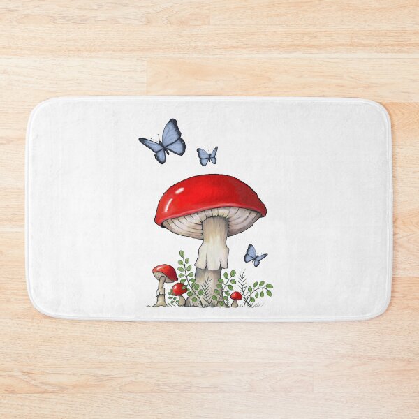 Item preview, Bright Red Mushrooms or Toadstools with Blue Butterflies, Botanical Illustration designed and sold by JoyfulWhimsy.