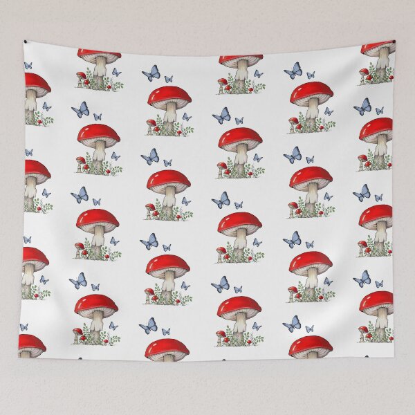 Item preview, Bright Red Mushrooms or Toadstools with Blue Butterflies, Botanical Illustration designed and sold by JoyfulWhimsy.