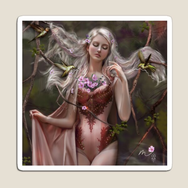 Flame girl with hummingbird and flowers Magnet