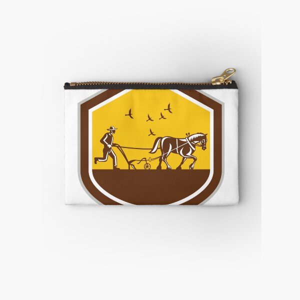 Item preview, Farmer and Horse Plowing Field Shield Retro designed and sold by patrimonio.
