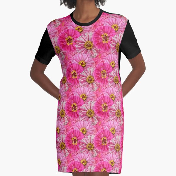 Zinnia Garden No. 7, Illumination Pink and Candy Cane Pink Flower Garden Mix Graphic T-Shirt Dress