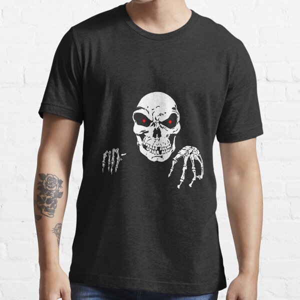 Skull with red eyes Vector illustration of scary skull and hand bones. Essential T-Shirt