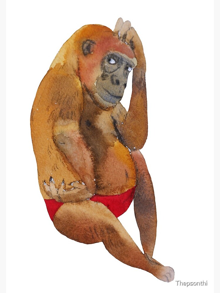 Chimpanzee in red underwear.Monkey.watercolor