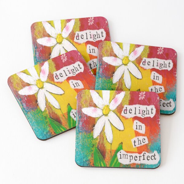 Item preview, DELIGHT IN THE IMPERFECT, White Flower, Typography, Sayings, Inspirational, Perfectionism, Yellow, Red, Blue, White Daisy designed and sold by KATHLEEN TENNANT ART.