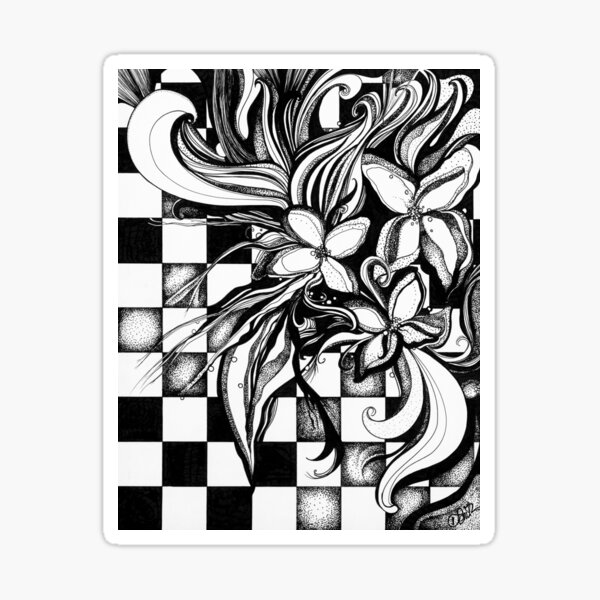 The Finish Line – Ink Drawing of Flowers on Checkered Floor Sticker