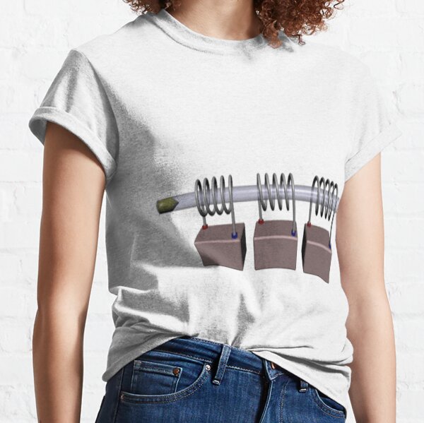 Simplified diagram of a multistage coilgun with three coils, a barrel, and a ferromagnetic projectile Classic T-Shirt