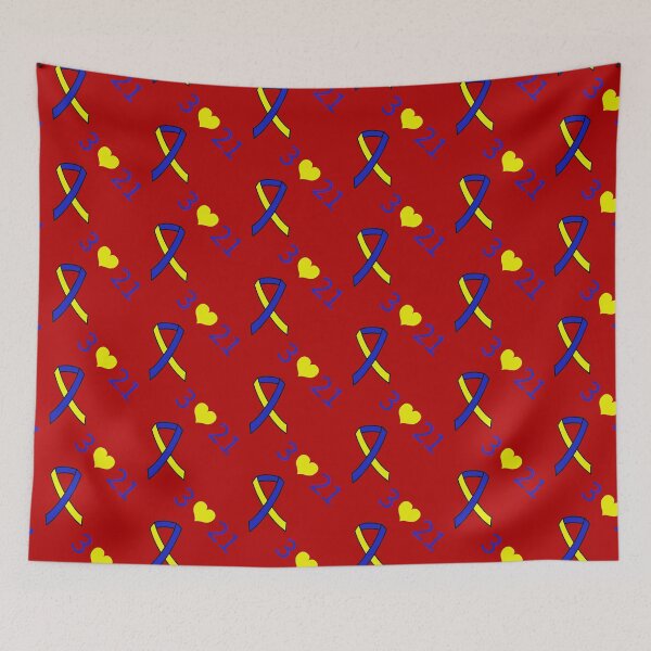 Item preview, Down Syndrome Blue And Yellow Awareness Ribbon Red Background designed and sold by KTCreativeSide.