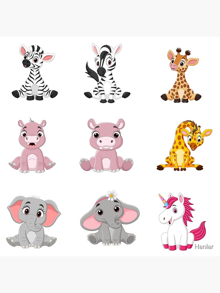 "Cartoon Baby Animal Sticker Pack 2 of 4 Zebra Giraffe Hippopotamus