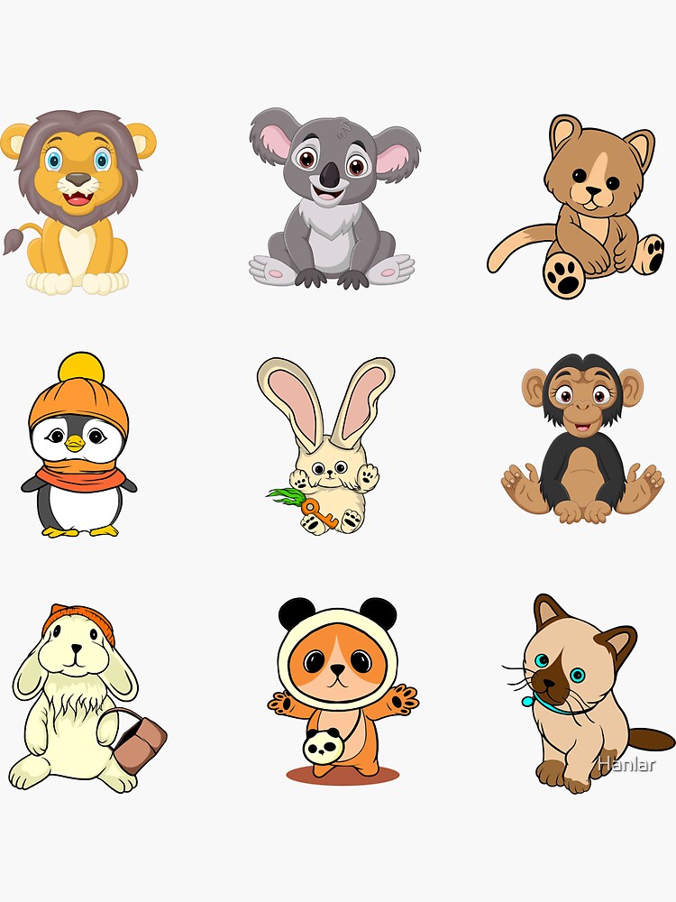 "Cartoon Baby Animal Sticker Pack 3 of 4 Lion Koala Bear Penguin