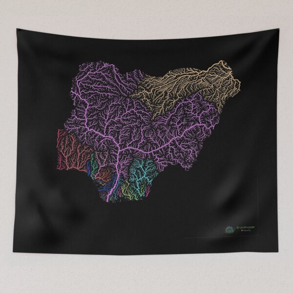 Item preview, Nigeria River Basin Map in Rainbow Colours with Black Background designed and sold by GrasshopperGeo.